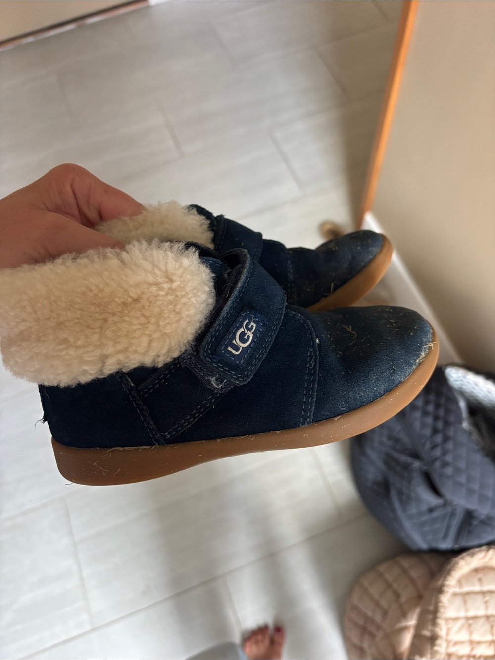 UGG Navy Suede Kids Shearling-Lined Slip-On Boots